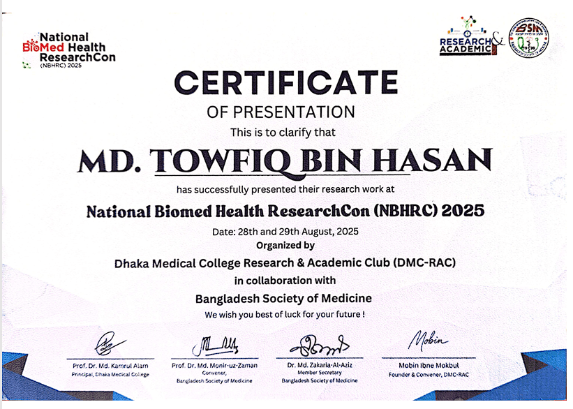 Certificate of Presentation — National Biomed Health ResearchCon (NBHRC) 2025