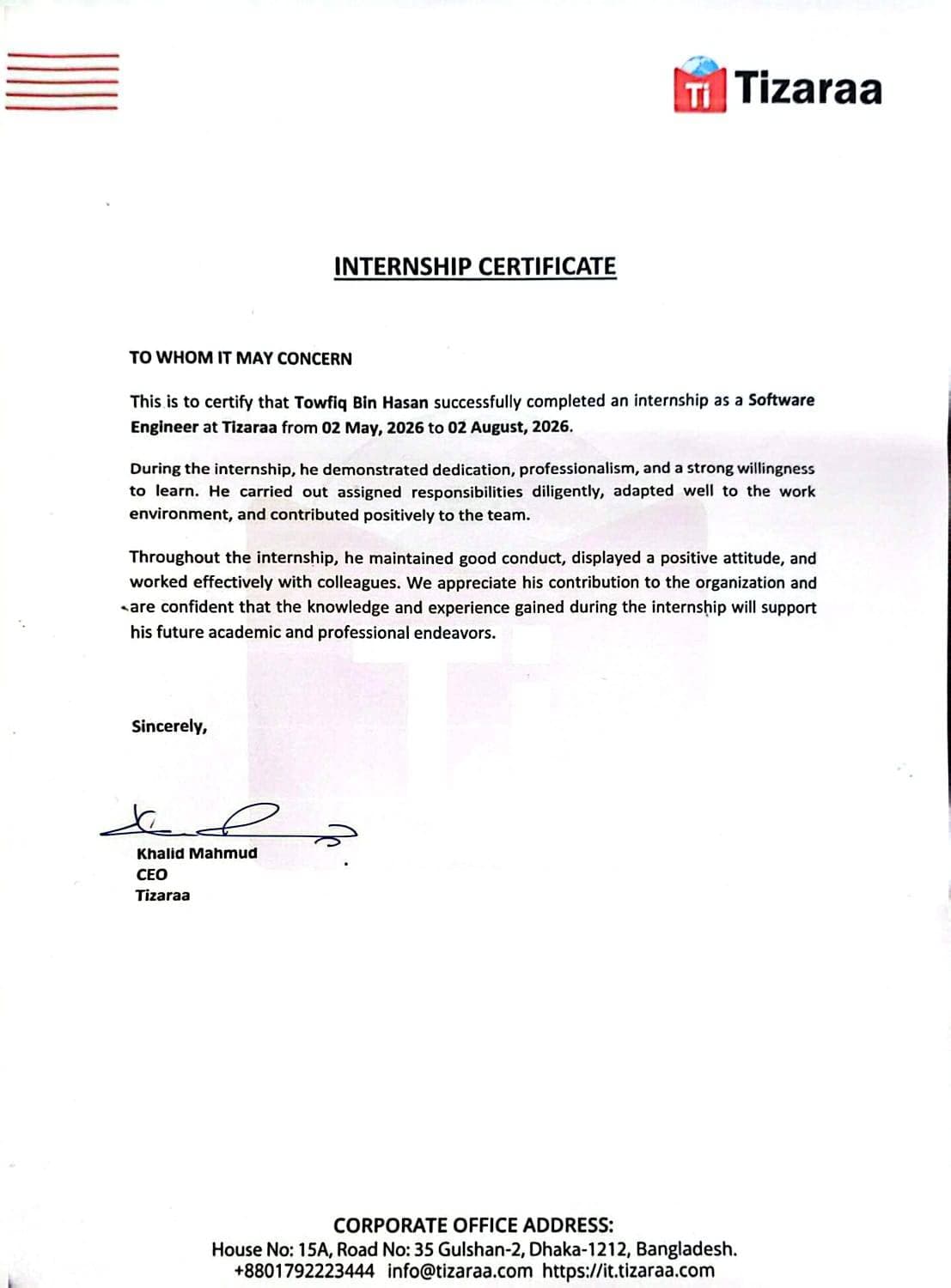 Internship Certificate - Software Engineer